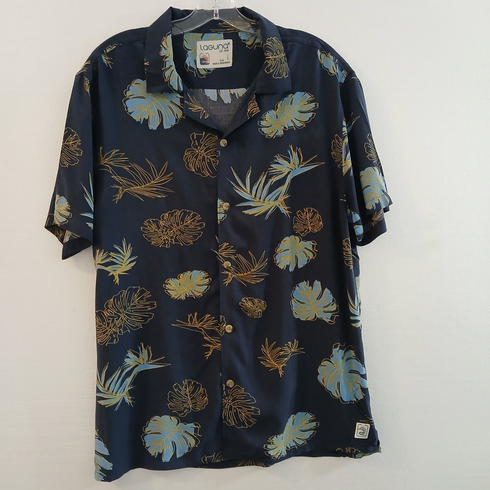 Laguna Men Shirt Button‎ Up  Tropical Floral Print  Short Sleeve Extra Button...